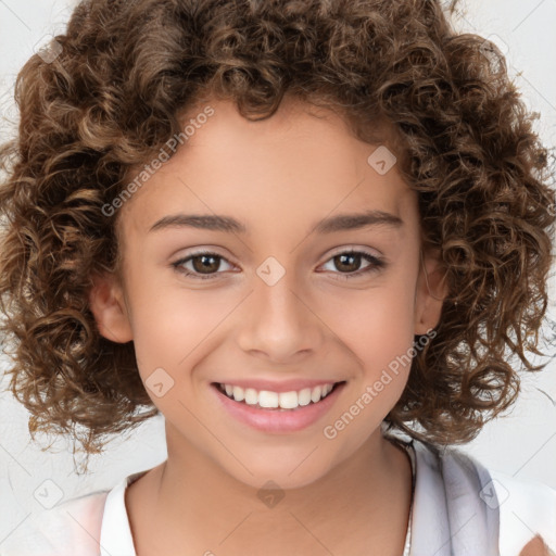 Joyful white child female with medium  brown hair and brown eyes