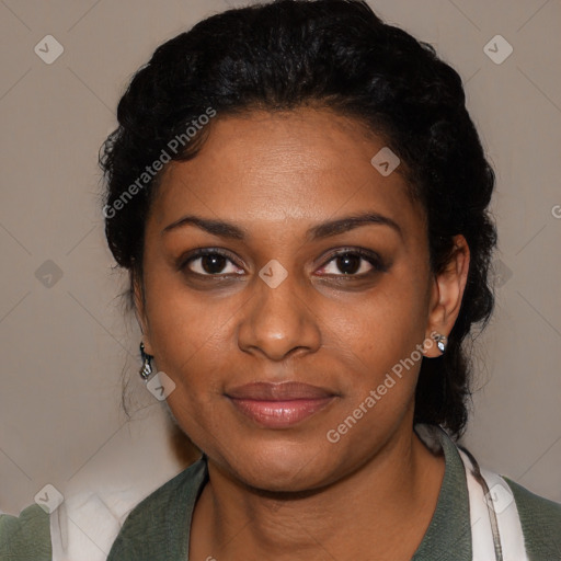 Joyful black young-adult female with medium  black hair and brown eyes