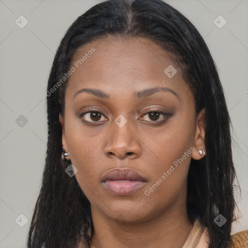 Neutral black young-adult female with long  brown hair and brown eyes