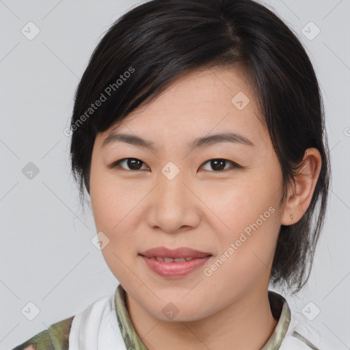 Joyful white young-adult female with medium  brown hair and brown eyes