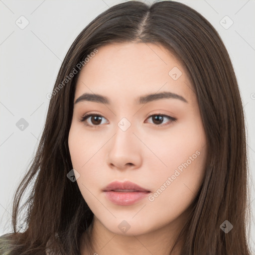 Neutral white young-adult female with long  brown hair and brown eyes