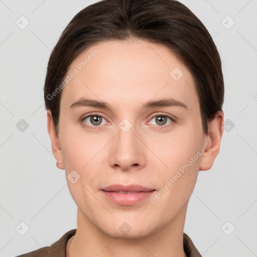 Neutral white young-adult female with short  brown hair and brown eyes