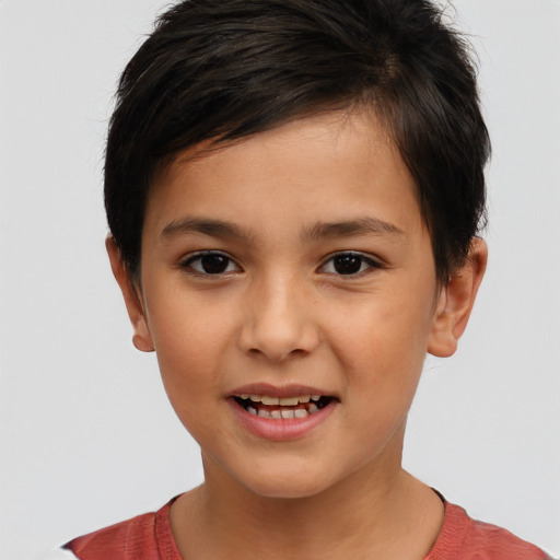 Joyful white child female with short  brown hair and brown eyes