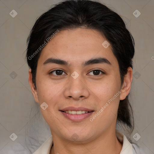 Joyful latino young-adult female with medium  brown hair and brown eyes