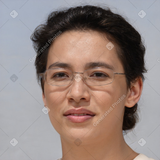 Joyful white adult female with medium  brown hair and brown eyes