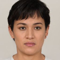 Neutral asian young-adult female with short  brown hair and brown eyes