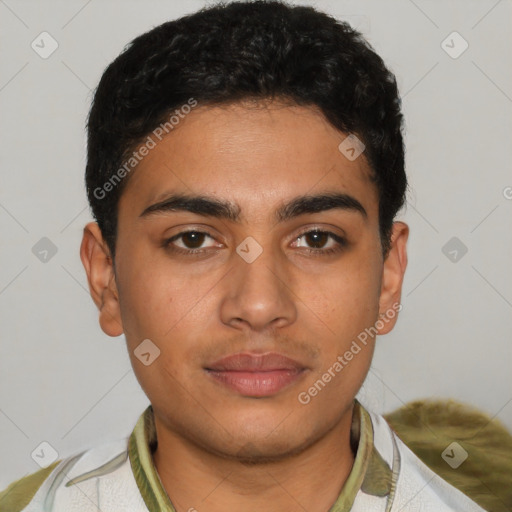 Neutral latino young-adult male with short  brown hair and brown eyes