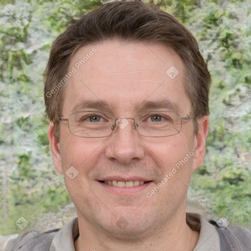 Joyful white adult male with short  brown hair and grey eyes