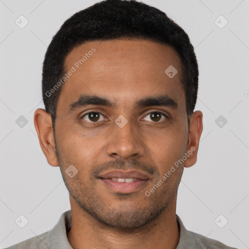 Neutral latino young-adult male with short  black hair and brown eyes