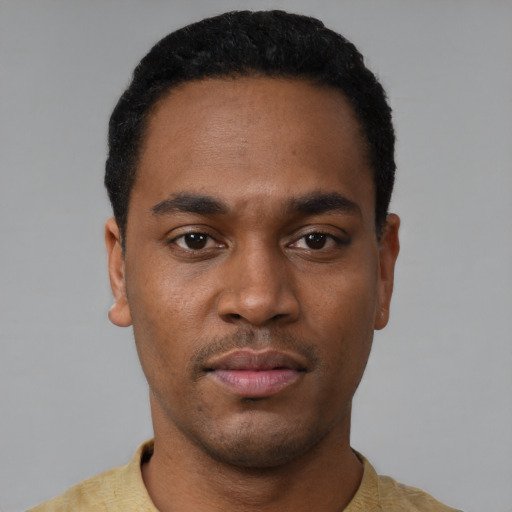 Neutral black young-adult male with short  black hair and brown eyes