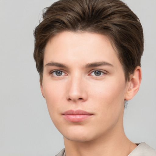 Neutral white young-adult female with short  brown hair and brown eyes