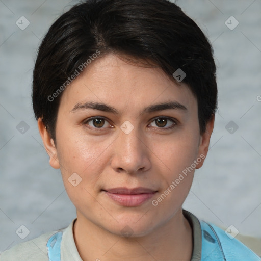 Joyful white young-adult female with short  brown hair and brown eyes