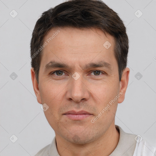 Neutral white adult male with short  brown hair and brown eyes