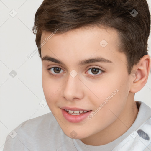 Joyful white child female with short  brown hair and brown eyes