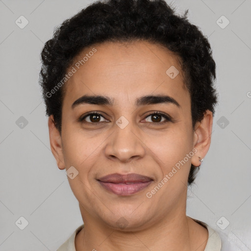 Joyful latino young-adult female with short  brown hair and brown eyes