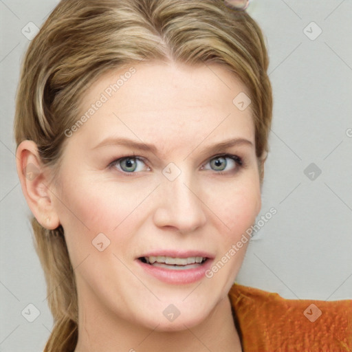 Joyful white young-adult female with medium  brown hair and blue eyes