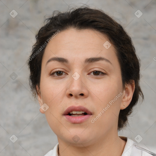 Neutral white young-adult female with medium  brown hair and brown eyes