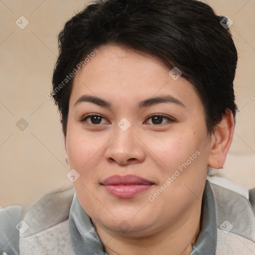 Joyful white young-adult female with medium  brown hair and brown eyes