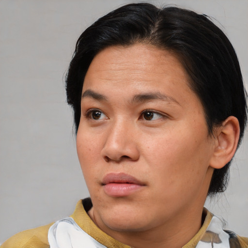 Neutral asian adult female with short  brown hair and brown eyes