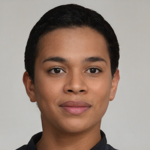 Joyful asian young-adult female with short  black hair and brown eyes