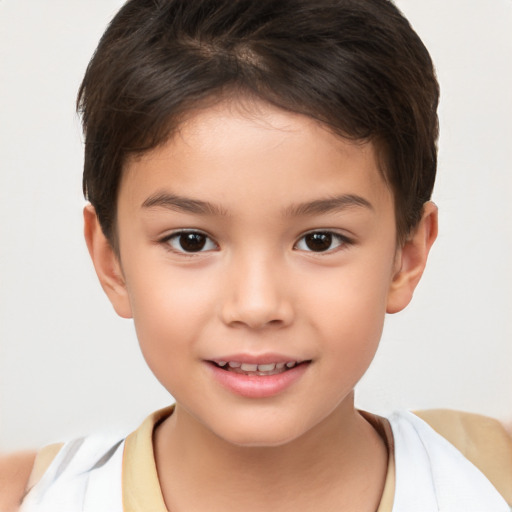 Joyful white child female with short  brown hair and brown eyes