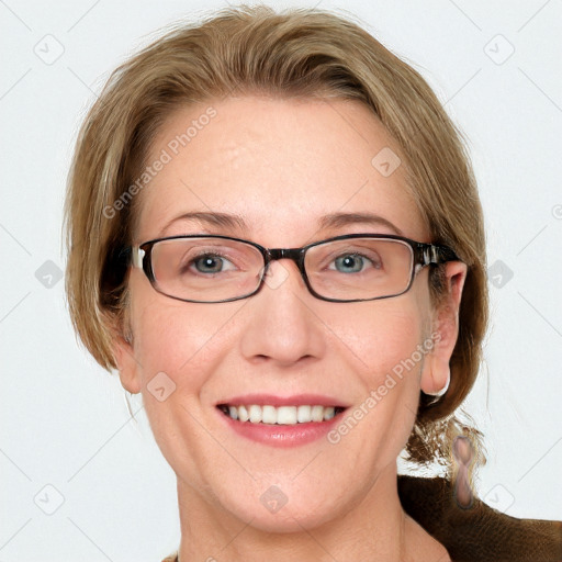 Joyful white adult female with medium  brown hair and blue eyes