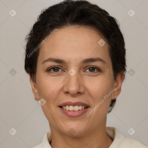 Joyful white adult female with short  brown hair and brown eyes