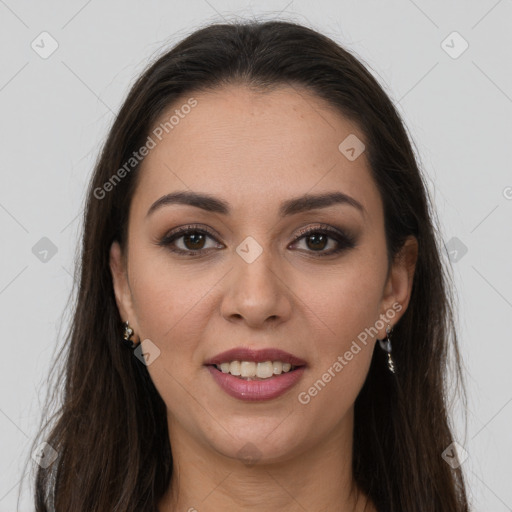 Joyful white young-adult female with long  brown hair and brown eyes