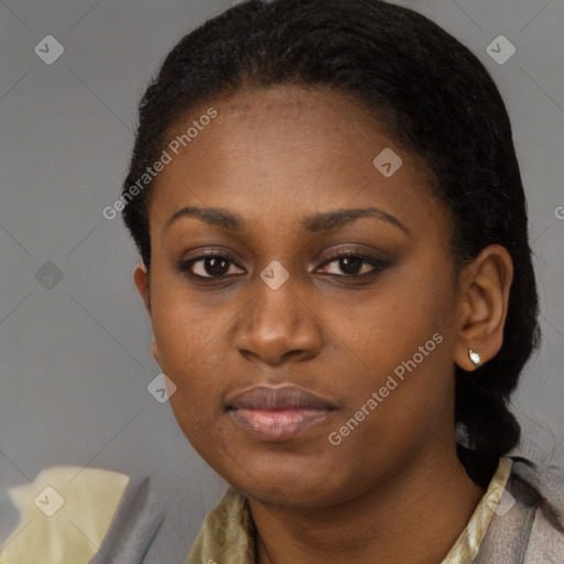 Neutral black young-adult female with long  black hair and brown eyes