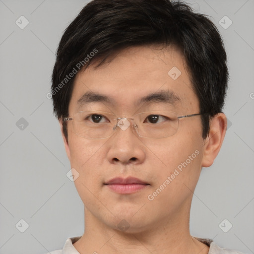 Neutral asian young-adult male with short  brown hair and brown eyes