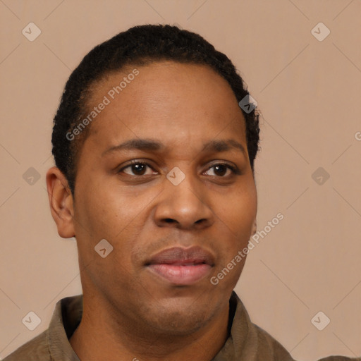 Neutral latino young-adult male with short  brown hair and brown eyes