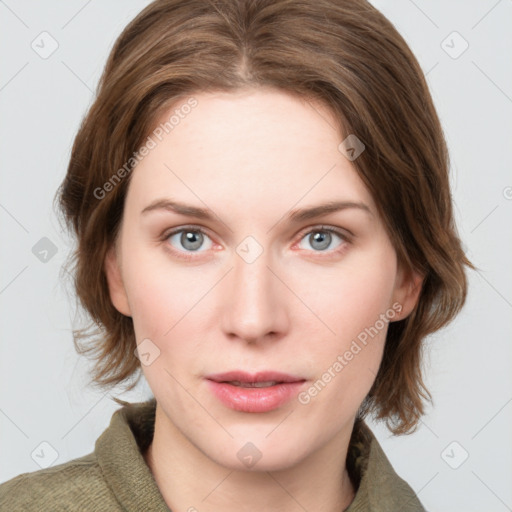 Neutral white young-adult female with medium  brown hair and grey eyes