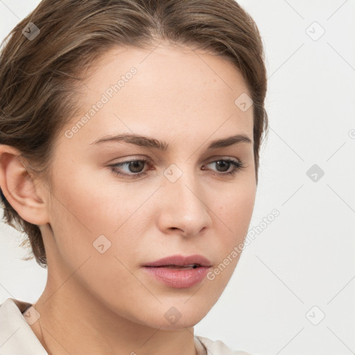 Neutral white young-adult female with medium  brown hair and brown eyes