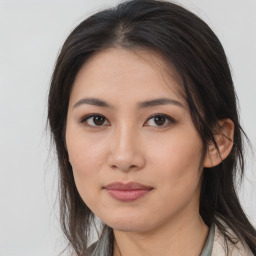 Neutral asian young-adult female with medium  brown hair and brown eyes