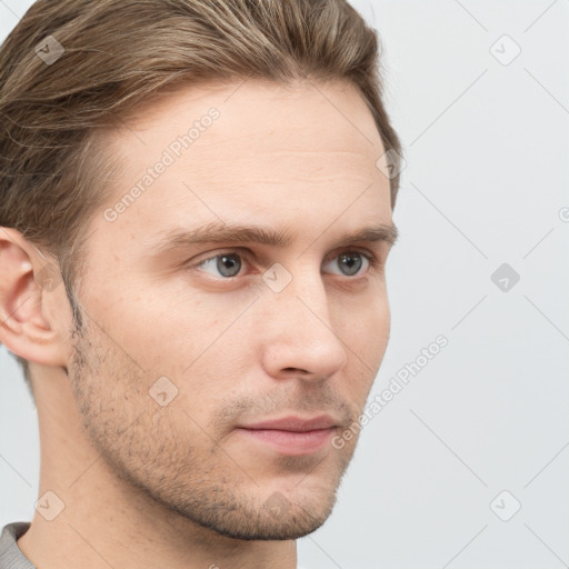 Neutral white young-adult male with short  brown hair and grey eyes