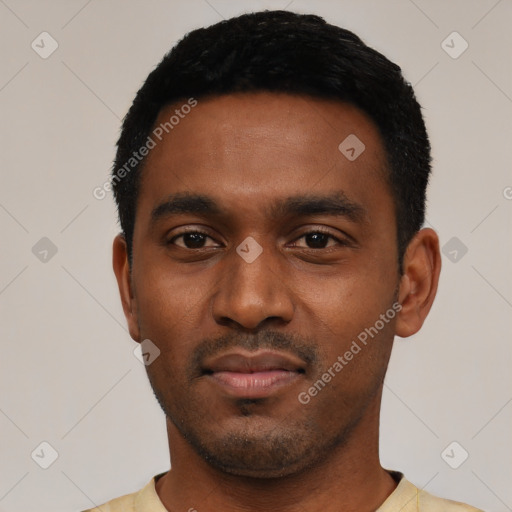 Neutral latino young-adult male with short  black hair and brown eyes