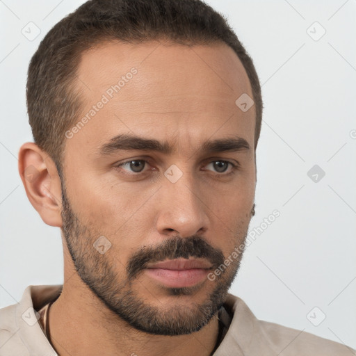 Neutral white young-adult male with short  brown hair and brown eyes