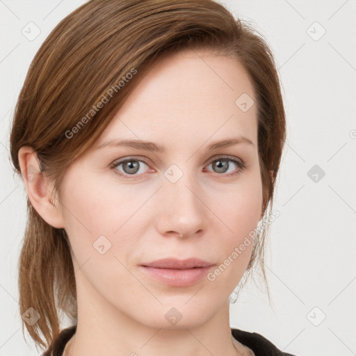 Neutral white young-adult female with medium  brown hair and grey eyes