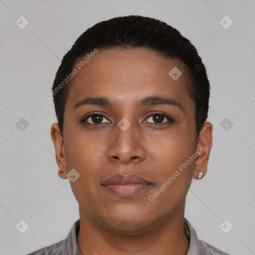 Neutral black young-adult female with short  black hair and brown eyes