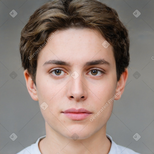 Neutral white young-adult male with short  brown hair and brown eyes