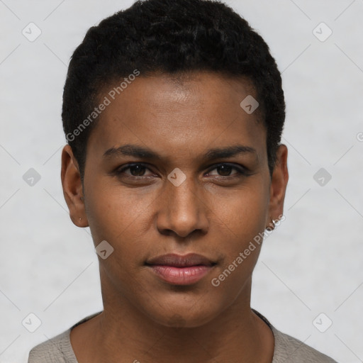 Neutral black young-adult male with short  black hair and brown eyes