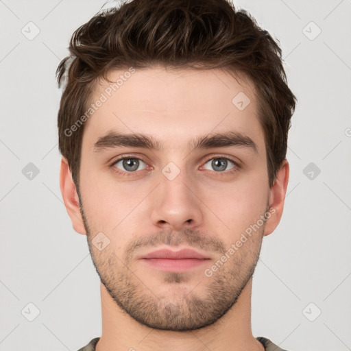 Neutral white young-adult male with short  brown hair and brown eyes