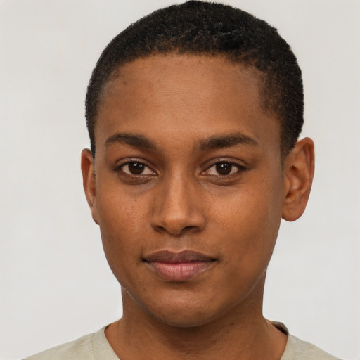 Neutral black young-adult male with short  black hair and brown eyes