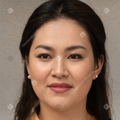 Joyful white young-adult female with long  brown hair and brown eyes