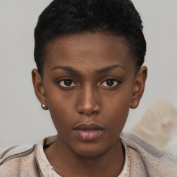 Neutral black young-adult female with short  brown hair and brown eyes