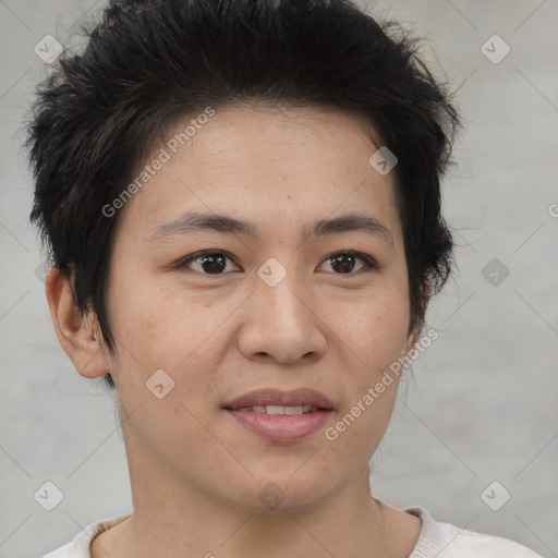 Joyful asian young-adult female with short  brown hair and brown eyes
