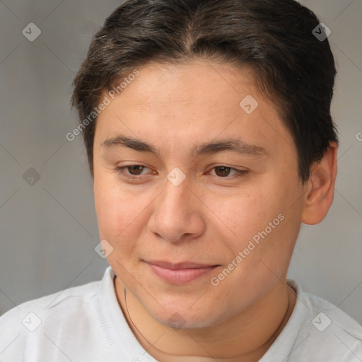 Joyful white adult female with short  brown hair and brown eyes