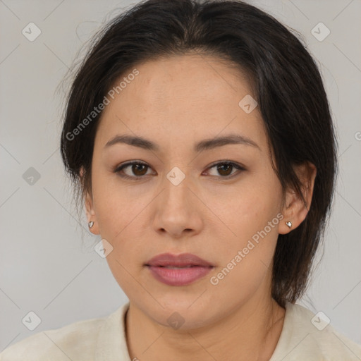 Neutral asian young-adult female with medium  brown hair and brown eyes