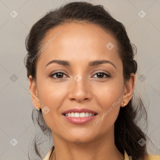 Joyful white young-adult female with long  brown hair and brown eyes