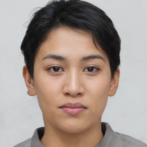 Neutral latino young-adult female with short  brown hair and brown eyes
